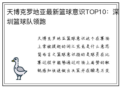 天博克罗地亚最新篮球意识TOP10：深圳篮球队领跑