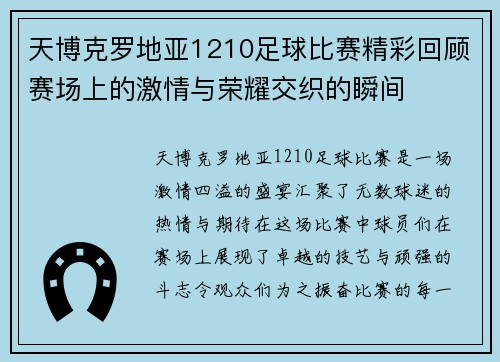 天博克罗地亚1210足球比赛精彩回顾赛场上的激情与荣耀交织的瞬间