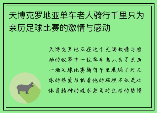 天博克罗地亚单车老人骑行千里只为亲历足球比赛的激情与感动