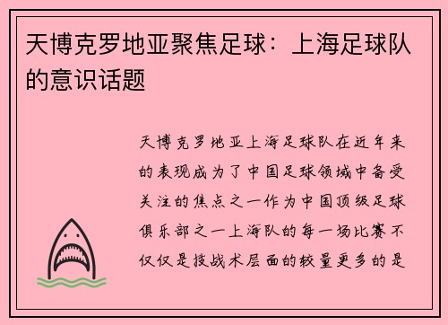 天博克罗地亚聚焦足球：上海足球队的意识话题
