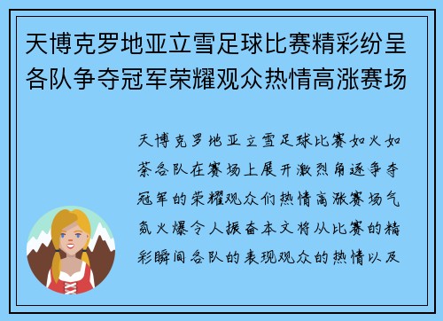 天博克罗地亚立雪足球比赛精彩纷呈各队争夺冠军荣耀观众热情高涨赛场气氛火爆
