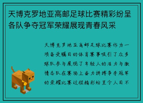 天博克罗地亚高邮足球比赛精彩纷呈各队争夺冠军荣耀展现青春风采