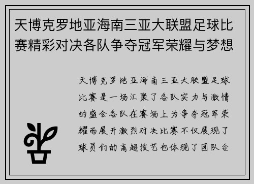 天博克罗地亚海南三亚大联盟足球比赛精彩对决各队争夺冠军荣耀与梦想